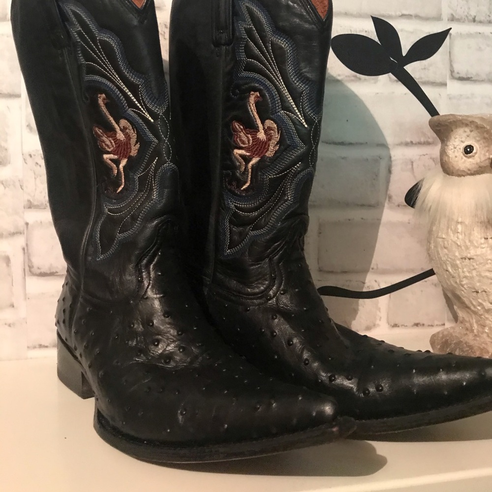 Rancho Mens Black Leather Ostrich embroidery Cowboy boot